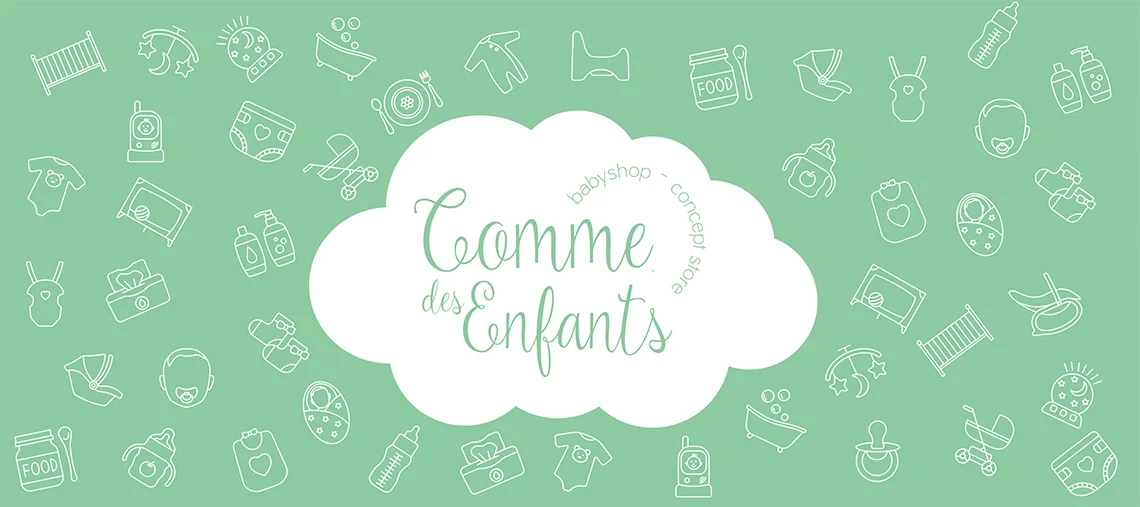 Bannière Comme des Enfants : un nuage blanc et des pictos de puériculture dessinés en blanc sur fond vert
